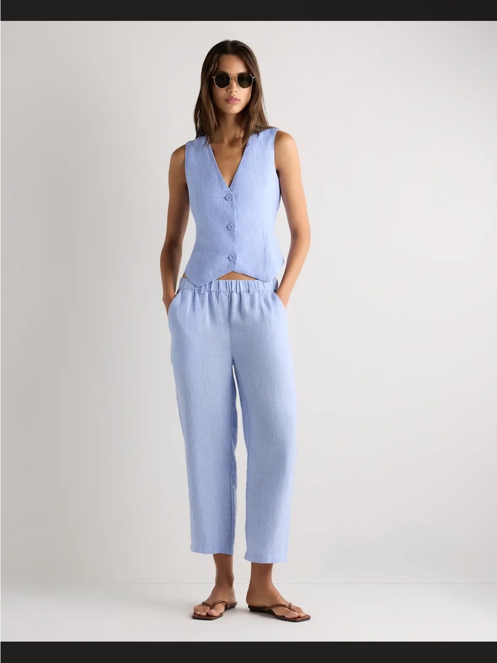 Quince European Line Light Blue Linen-Blend Cropped Vest & Ankle Pants